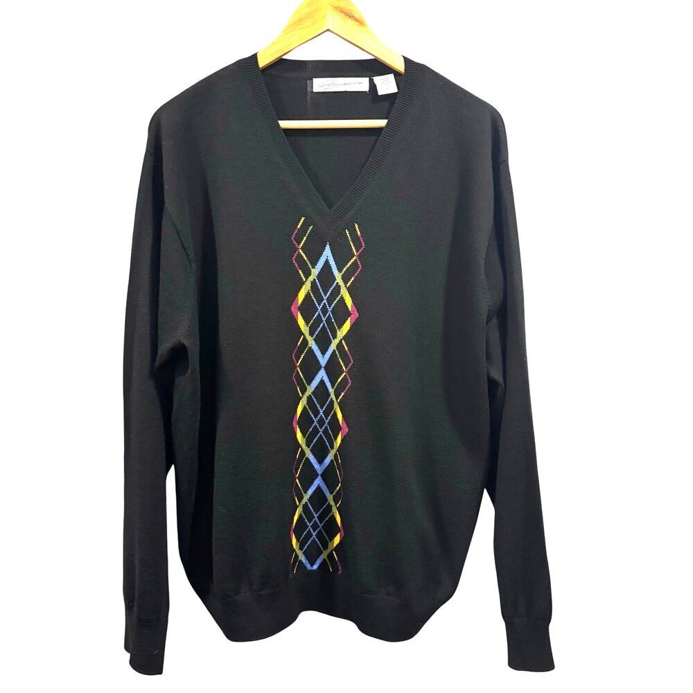 Greg Norman XL Black Argyle V-Neck Sweater Men's Pullover Golf Athleisure